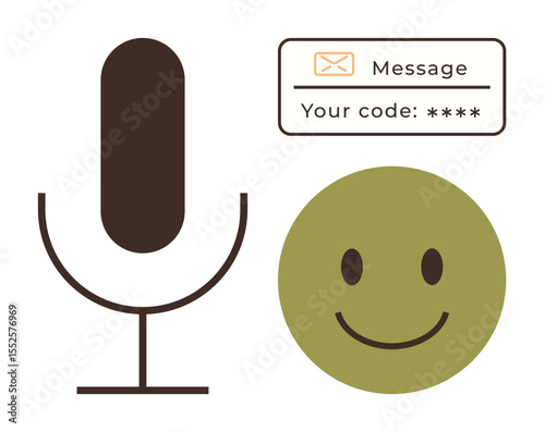 Microphone icon, text box with security code, and smiling face combine to represent communication, authentication, and user satisfaction. Ideal for technology, security, feedback, communication
