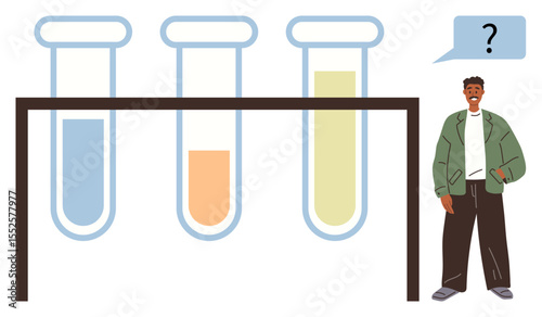 Three test tubes filled with blue, orange, and yellow liquids in a stand, observed by a curious man with a question mark. Ideal for science, education, research, inquiry, curiosity problem-solving