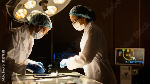Two surgeons in an operating room focus intently on a surgical procedure under bright overhead lights.