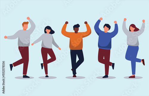Group of happy and diverse people celebrating success. Cheerful men and women jumping with joy, expressing victory and excitement.