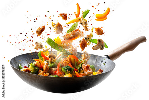 Colorful chicken stir fry with vegetables in hot wok isolated on transparent background with flying ingredients and spices