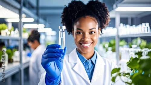 A young scientist in a white lab coat holds up a test tube and smiles in a laboratory filled with plants and glassware.