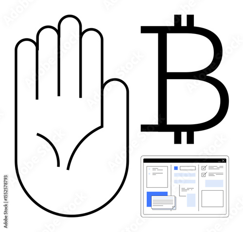 Hand gesture signaling stop beside Bitcoin symbol, paired with a simple online interface. Ideal for cryptocurrency, security, payment control, blockchain, user interaction, finance, digital caution