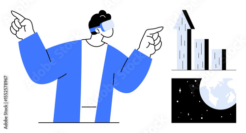 Person wearing VR headset pointing at upward graph and Earth in space. Ideal for VR, technology, innovation, data analysis, business growth, futuristic themes, simple landing page