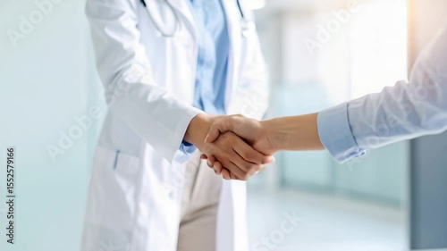 A doctor and a patient are shaking hands, symbolizing trust and partnership in a medical setting.