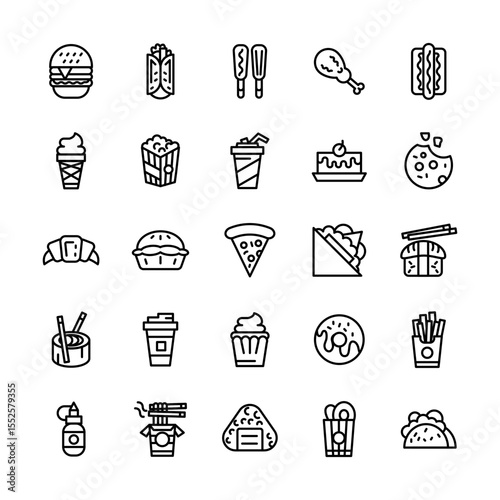 Set of fast food icons representing various delicious treats