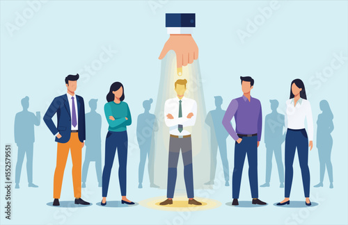 Talent selection and recruitment concept. Hand pointing to chosen candidate, highlighting the best employee for job opportunity.