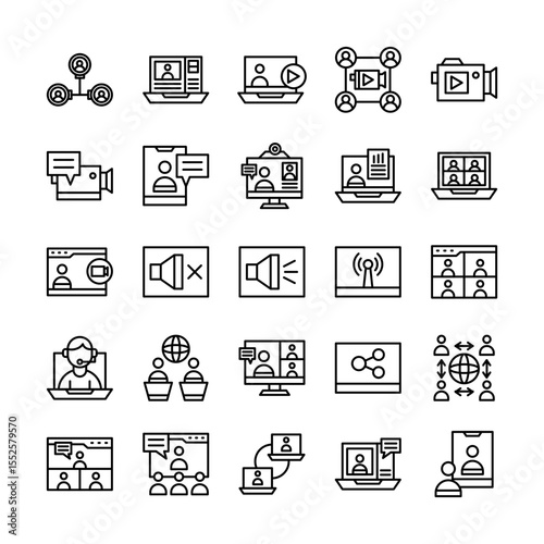 Video conference icon set in line style