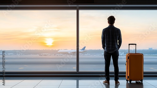 Traveler watching a sunset at the airport terminal
