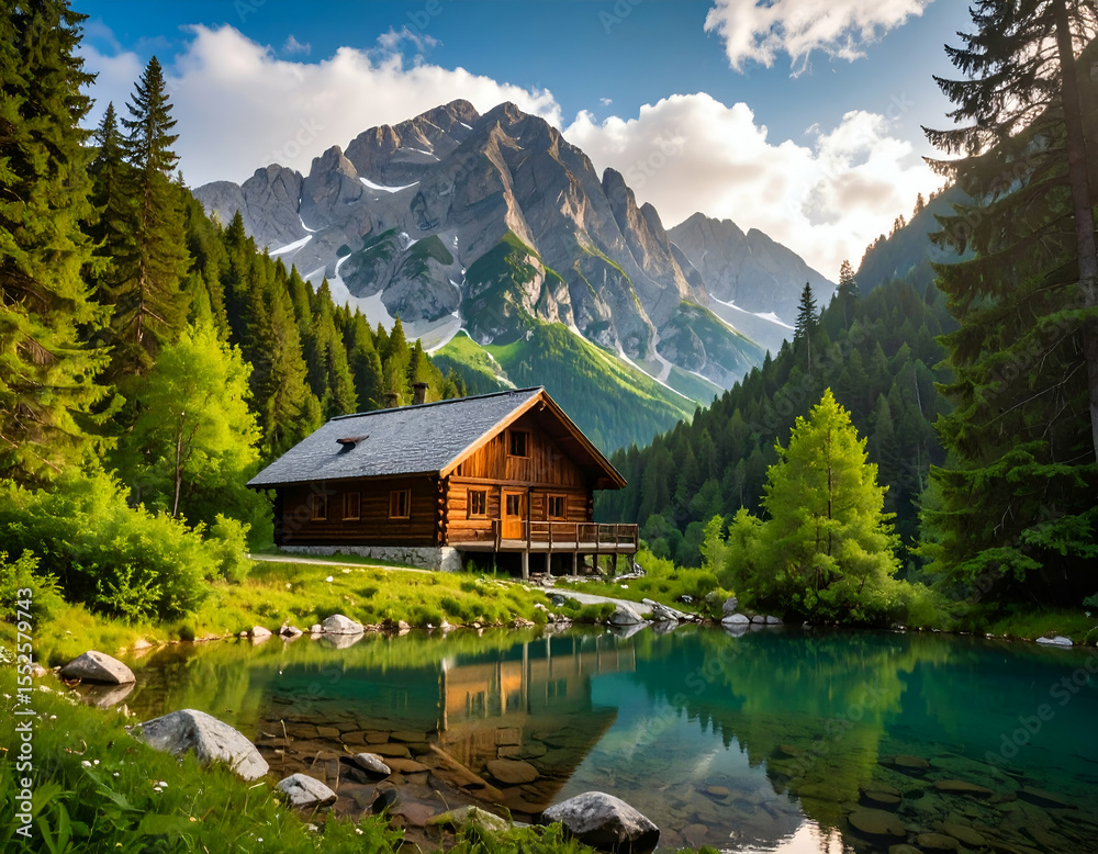 Fototapeta premium Serene Mountain Hut Firefly's Peaceful Retreat Amidst Alpine Trees