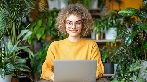 Young woman working on a laptop surrounded by indoor plants