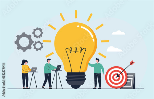 Innovation and creative thinking for business success. Team collaboration generating new ideas, achieving goals and problem-solving.