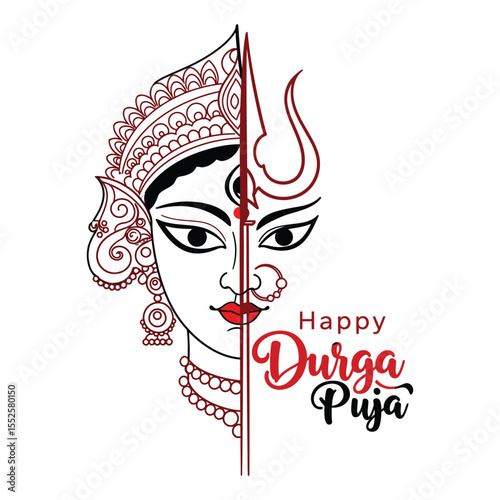 Goddess Durga Face Vector with Trishul – Happy Durga Puja Illustration .