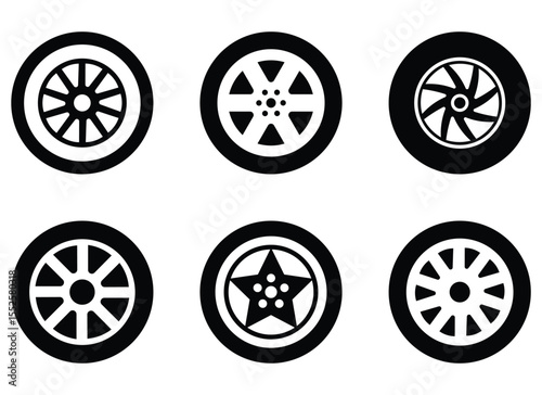 Set of flat tire icons featuring various stages. linear style symbols collection, outline signs pack. Automobile wheel balancing service. Black outline and flat car rubber wheels. Vector illustration.
