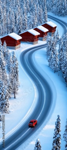 A winding snowy road curves through a forest with snow-covered trees and red cabins, as a red car drives along the icy path.