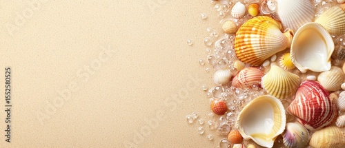 Various colorful seashells and clear bubbles arranged on sandy beach, evoking a serene coastal atmosphere.
