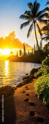 A serene tropical beach at sunset with palm trees, calm water, and footsteps in the sand leading toward the glowing horizon.