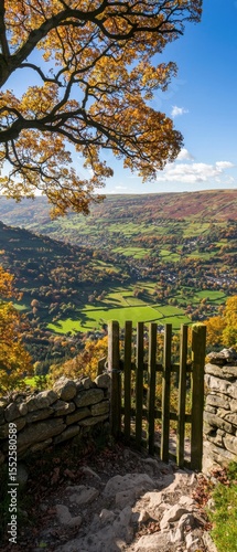 A scenic autumn view overlooks a lush valley framed by a wooden gate, stone wall, and tree with golden leaves under a clear blue sky.