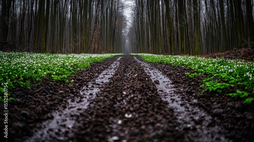 A muddy forest path lined with white wildflowers extends into a dense, tall tree forest under an overcast sky.