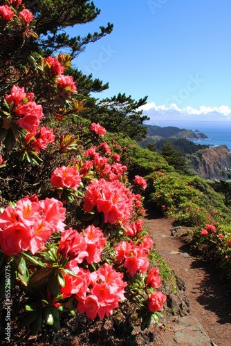 A scenic coastal path lined with vibrant pink rhododendron flowers under a clear blue sky overlooking ocean cliffs.