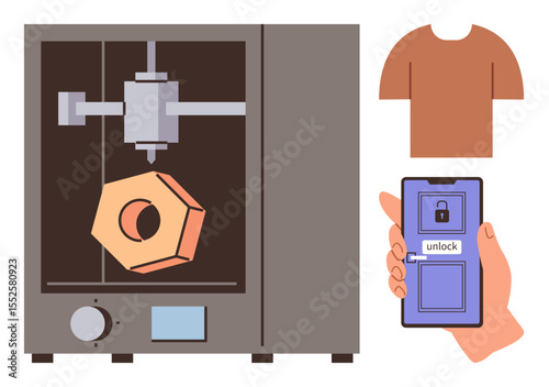 Smartphone unlocking 3D printer shaping geometric object, accompanied by shirt graphic. Ideal for technology, innovation, customization, design, automation, smart devices future concepts. Simple