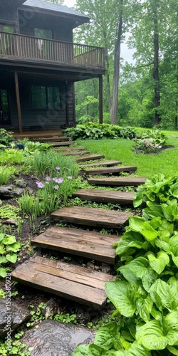 A serene garden pathway with wooden steps leads to a modern house surrounded by lush greenery and vibrant plants.