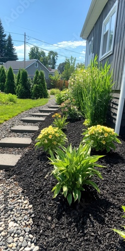 A sunny backyard pathway with stone steps, green plants, and shrubs beside a gray wooden house under a clear blue sky.