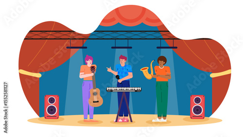 Band playing instruments on stage with speakers. Great for music concerts, live performances, music festivals, and entertainment events.