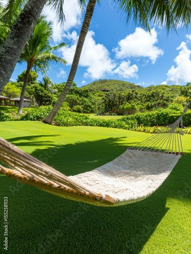 A white hammock is stretched between two palm trees on a green lawn, with a lush tropical garden and blue sky filled with fluffy clouds in the background.