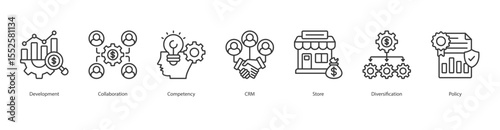 Business Structure banner web icon set vector illustration concept with icon of Development, Collaboration, Competency, CRM, Store, Diversification, Policy