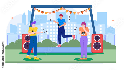 Singer performs outdoors with photographer and videographer. Suitable for music promotions, live events, and outdoor performances marketing materials.