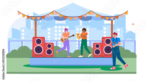Musicians performing under a tent venue with a photographer capturing the moment outdoors. Ideal for event photography or music related concepts.