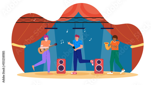 Title Band playing on a stage. Suitable for music event promotions, concert advertisements, live performance themed designs, and musical related content.