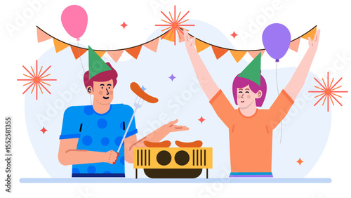 Two happy people grilling sausages, celebrating a festive birthday party. Suitable for party invitations, social media posts, event promotions.