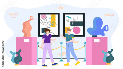 Two people admire modern art in a gallery. Suitable for art appreciation, museum, culture, leisure, lifestyle, diversity, and artistic inspiration.