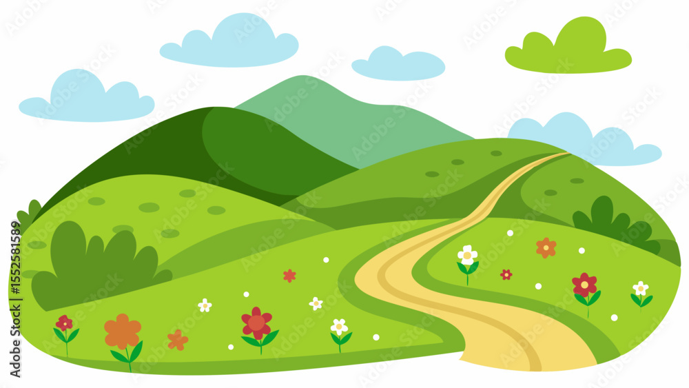 Fototapeta premium Vector of rolling green hills with wildflowers and a winding country path