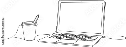 Minimal line art of laptop with coffee cup, modern workspace illustration, freelance digital work setup, remote working, creative desk scene, simple black outline vector