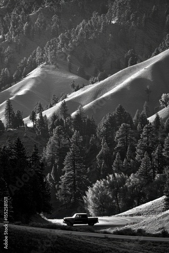 Black and white photo of a pickup truck parked on a road surrounded by pine trees and steep, sunlit mountainous slopes.