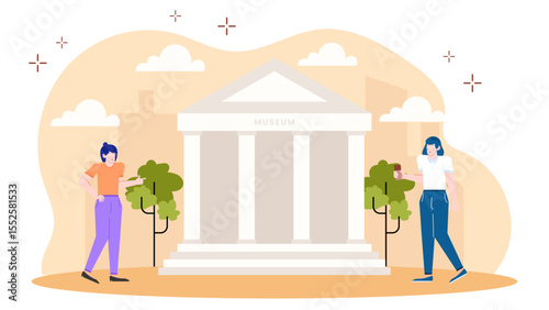 Two women near a classic museum building, perfect for travel brochures, cultural websites, and architectural publications.