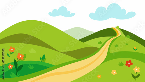 Vector of rolling green hills with wildflowers and a winding country path