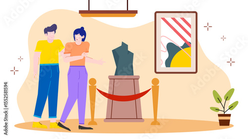 Two people explore contemporary artwork in a vibrant art gallery. Suitable for art appreciation, culture, urban lifestyle, modern art themes.