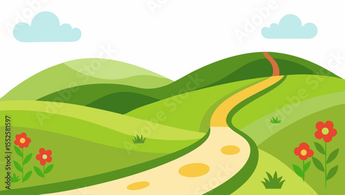 Vector of rolling green hills with wildflowers and a winding country path