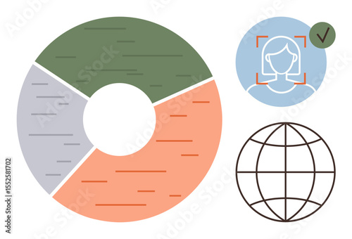 Circular pie chart divided into sections, profile recognition icon with verified tick, and globe outline. Ideal for data analysis, technology, global reach, user authentication, AI, research