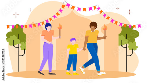 Family joyously celebrates festival with lit torches, perfect for cultural events, holiday promotions, family gatherings, and festive occasions.