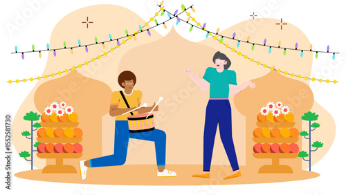 Drummer performing as woman dances near fruit displays; ideal for music and event promotions, food and beverage advertising.