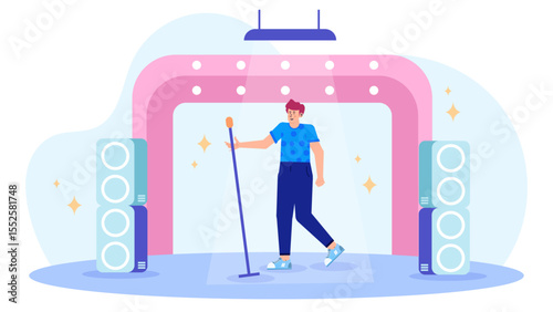 Man performing on stage with microphone; ideal for music, concert, performance concepts, sound equipment advertisements, music events marketing materials.