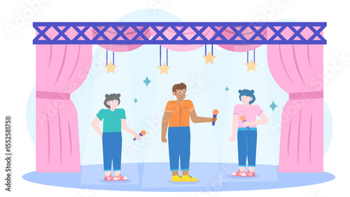 Three children performing on stage, holding microphones with pink curtains. Ideal for school performances, talent shows, and children's events.