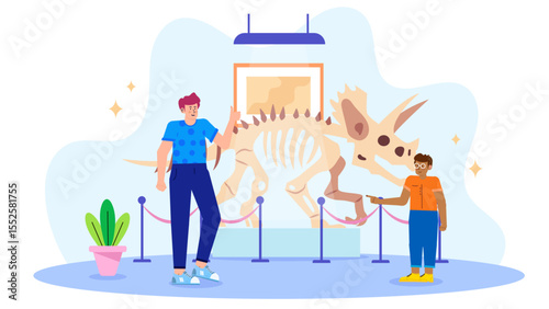Museum scene with triceratops skeleton being admired by man and boy. Suitable for educational materials or history themed visuals.