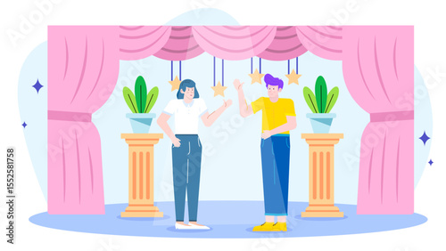 Two people celebrating success on stage. Suitable for presentations, business concepts, achievement themes, teamwork, and winning moments in events.