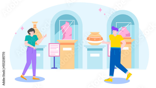 Two people exploring museum artifacts, pottery, and sculptures. Suitable for travel blogs, history articles, educational materials, cultural presentations.